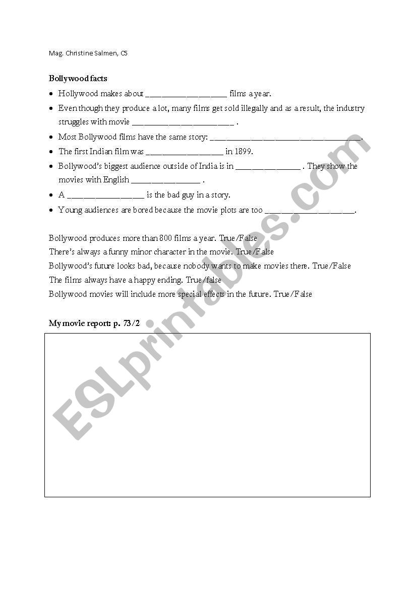 Bollywood worksheet