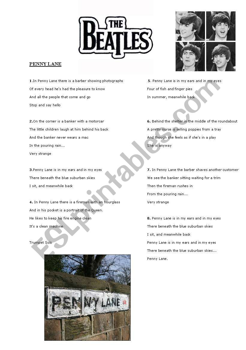 Penny Lane worksheet