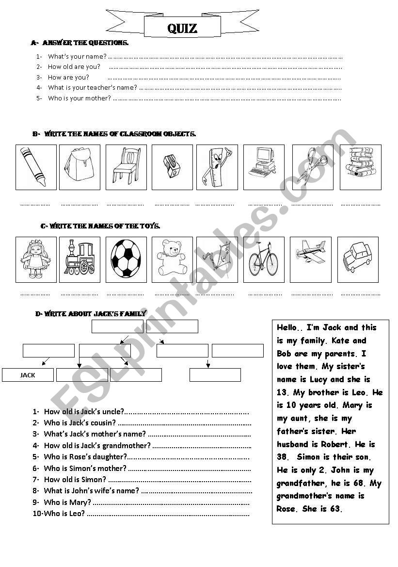 Quiz (classroom obj, toys, family)