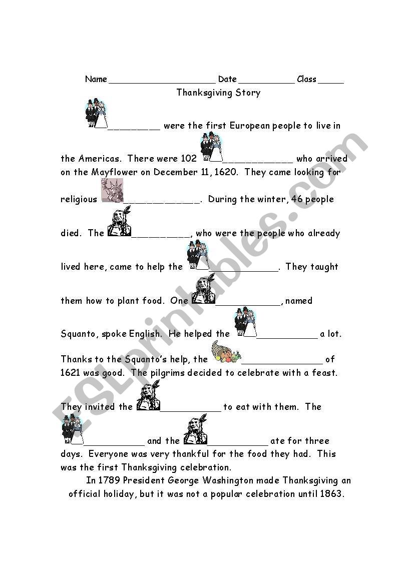 Thanksgiving History Cloze #1 worksheet
