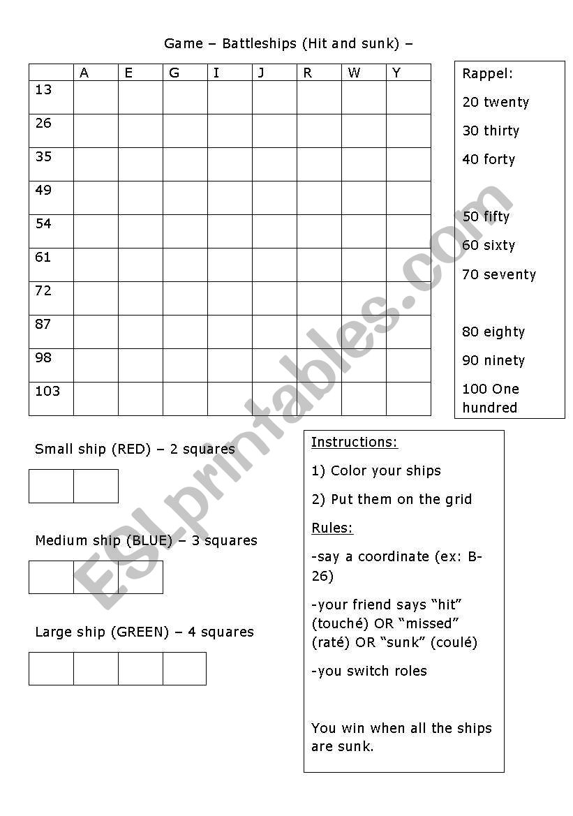 Battleship worksheet