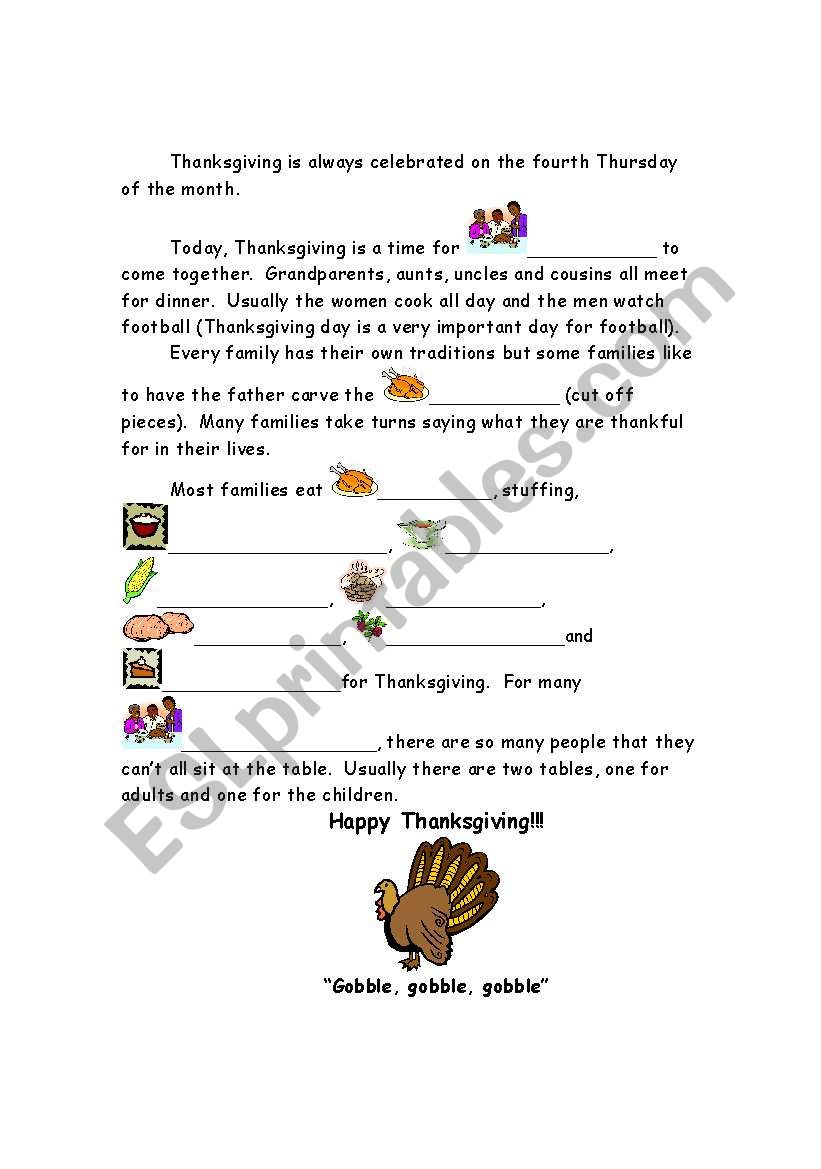 Thanksgiving history Cloze #2 worksheet