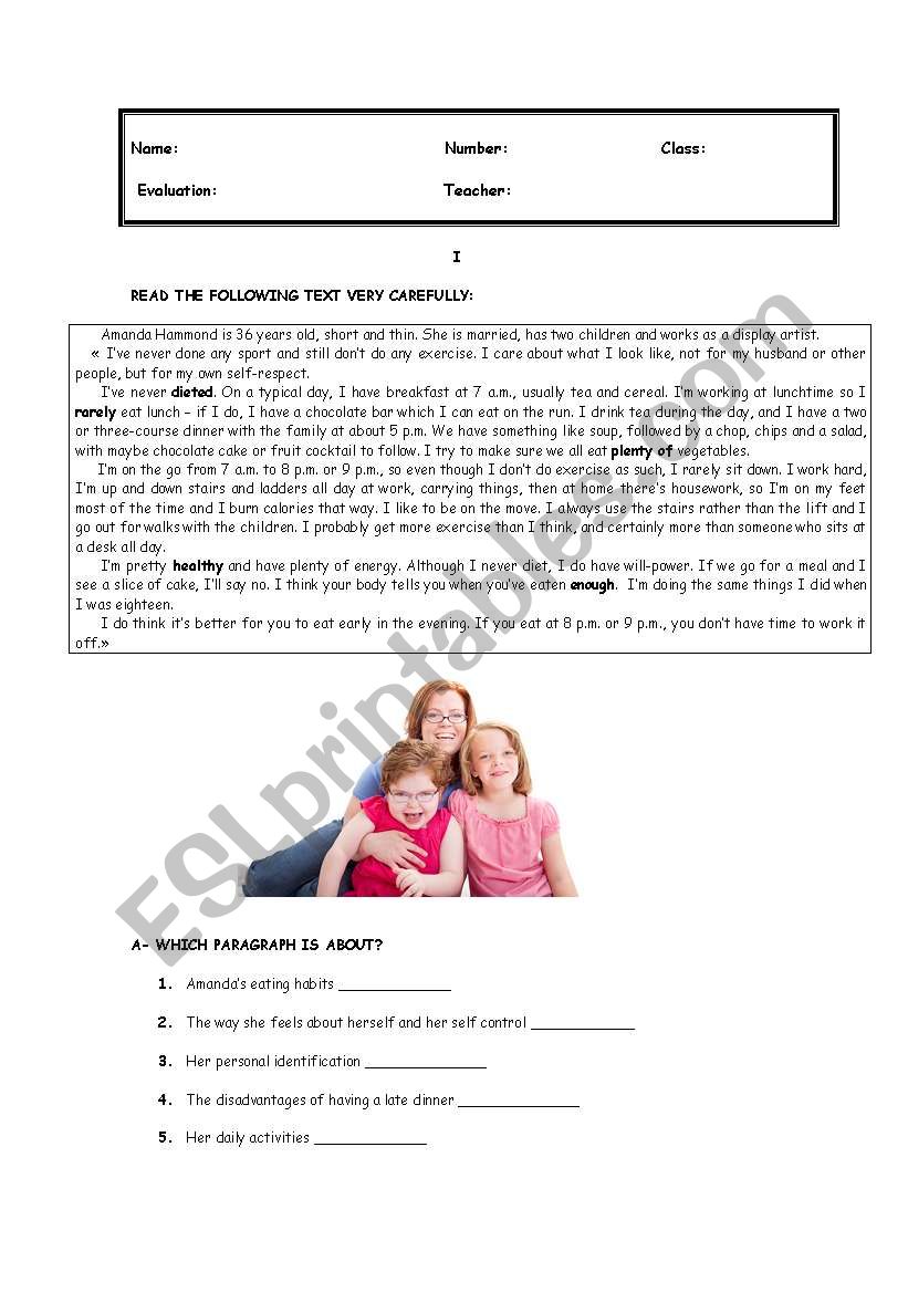 Healthy lifestyles Part one worksheet