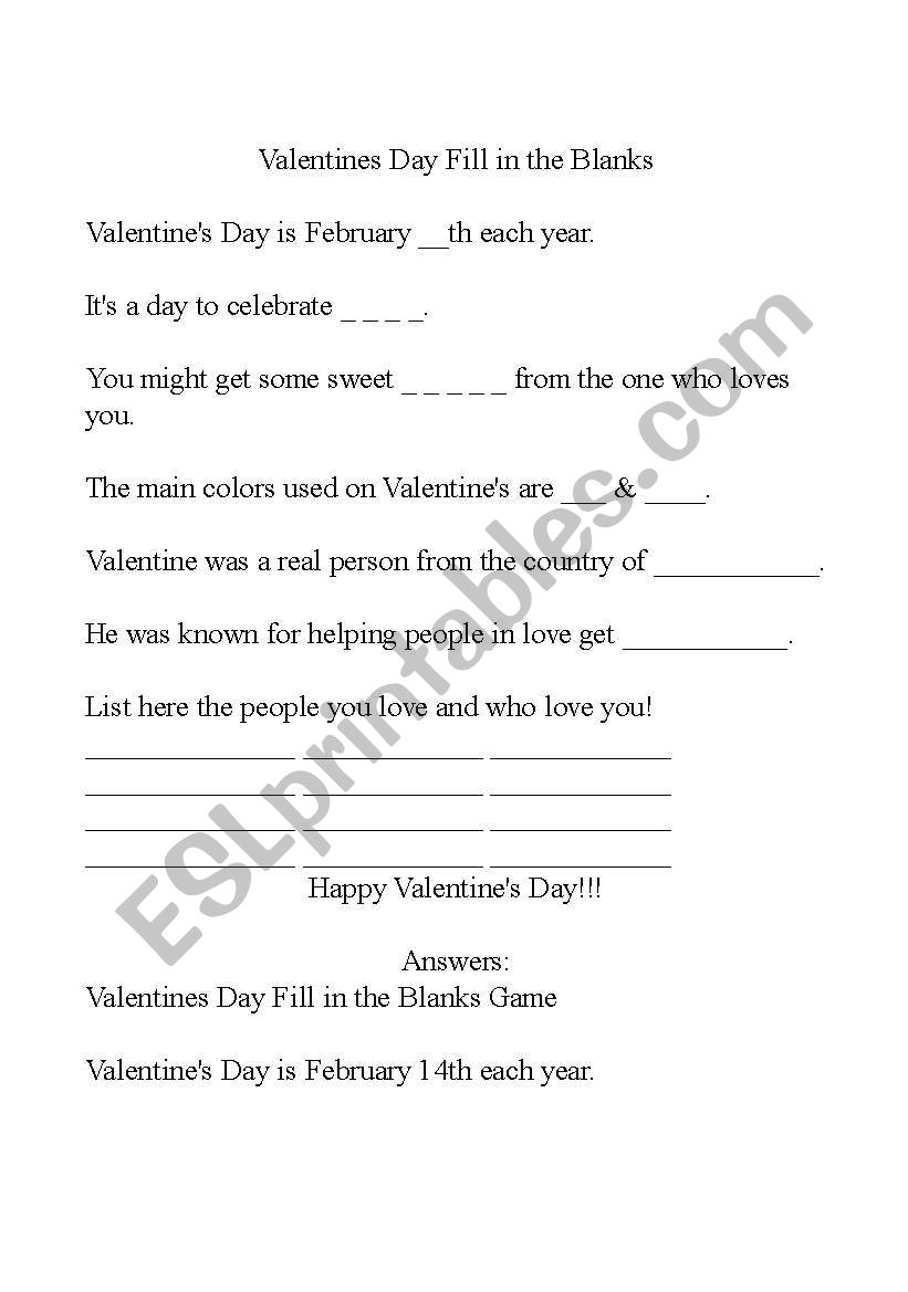 Valentines Day Fill in the blanks