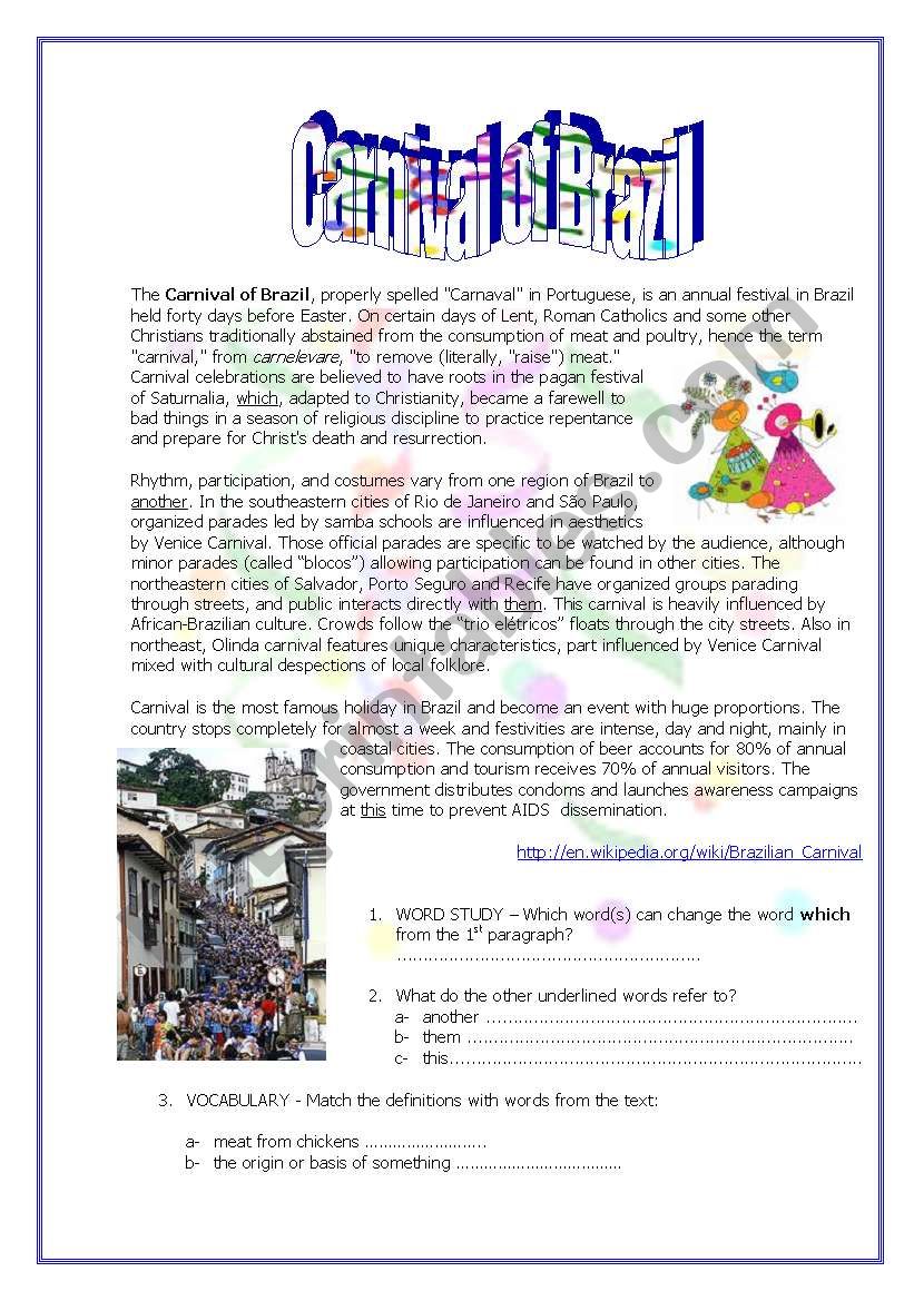 CARNIVAL IN BRAZIL worksheet