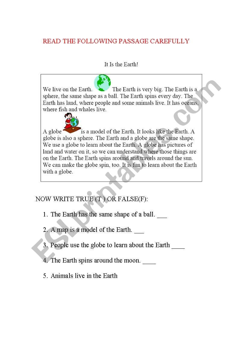 ITS THE EARTH worksheet