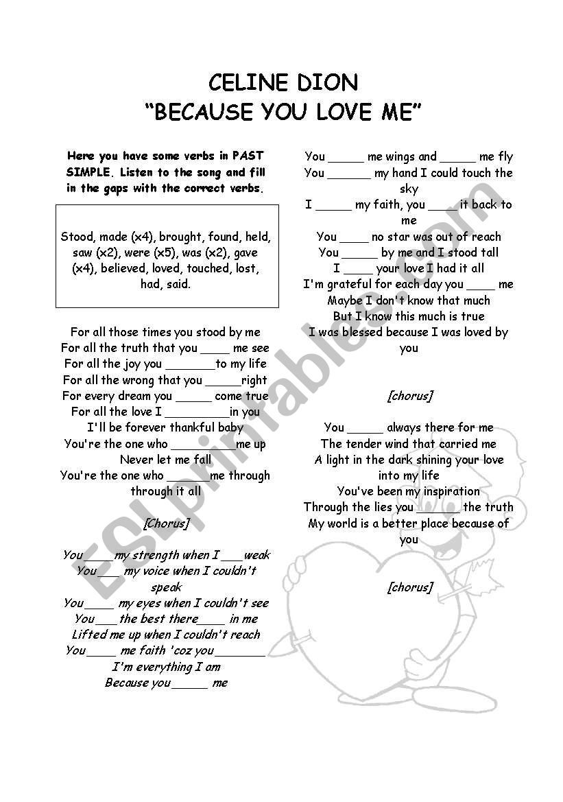 because you loved me (song) worksheet
