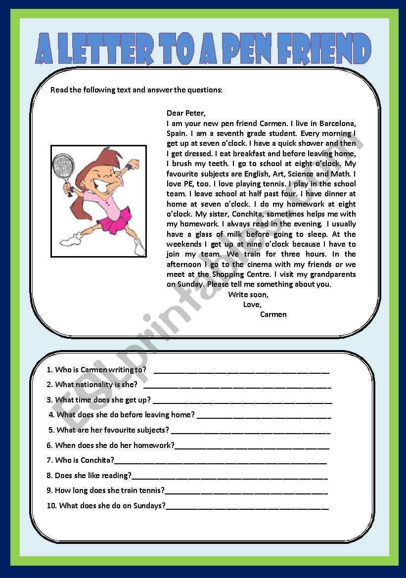 A LETTER TO A PEN FRIEND worksheet