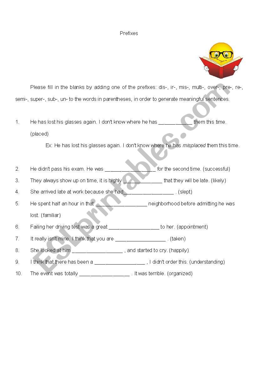 Prefixes worksheet