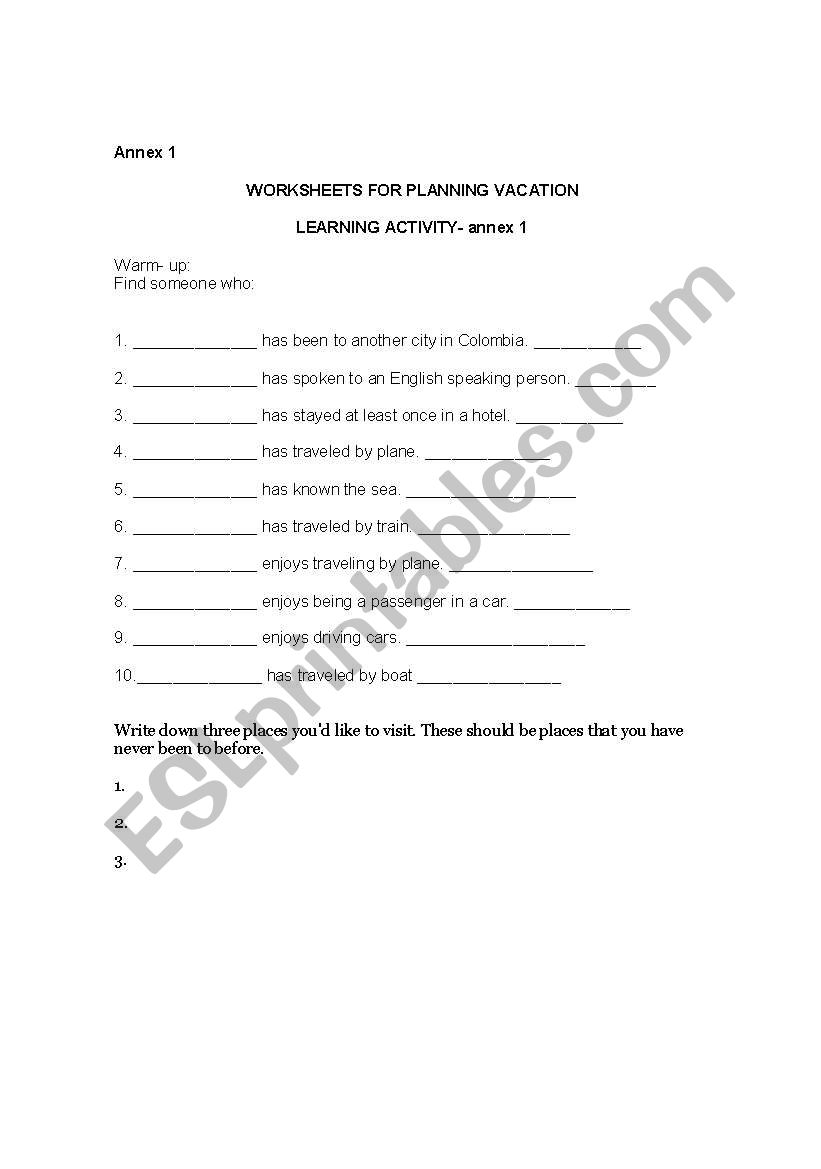 Planning Vacation worksheet