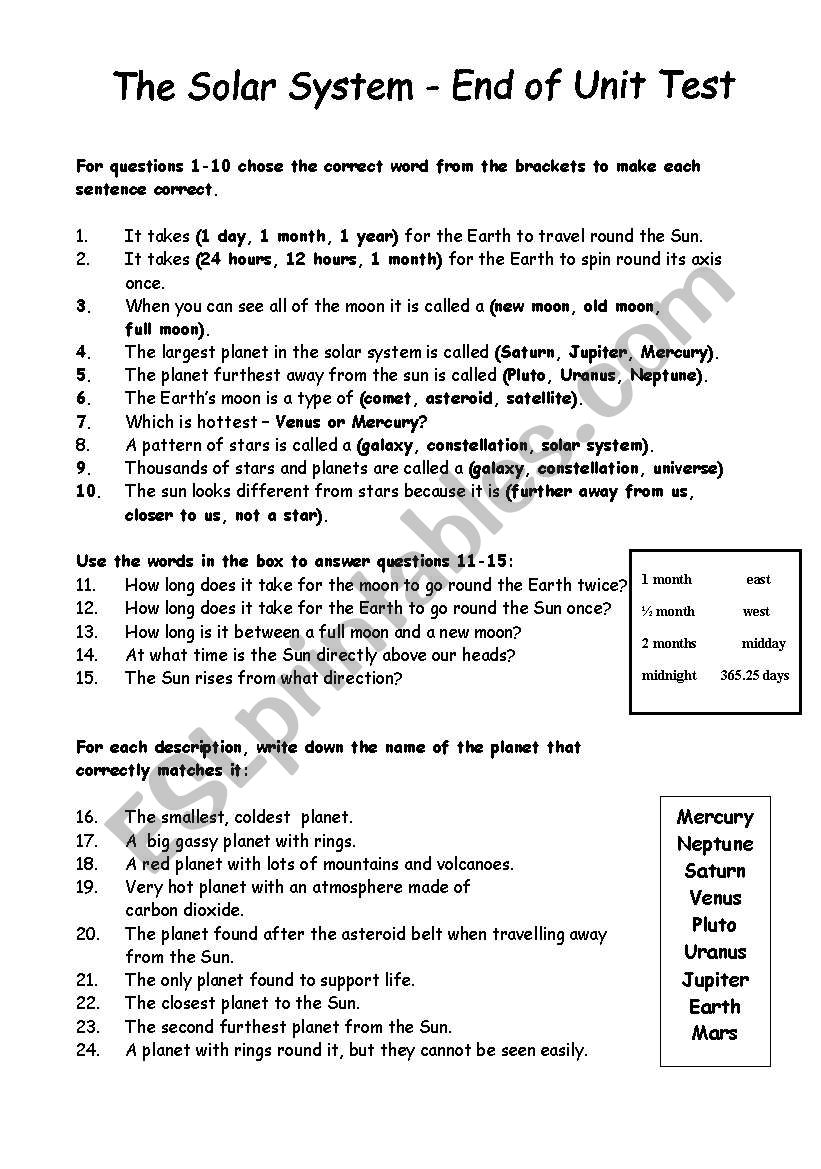 THE SOLAR SYSTEM worksheet