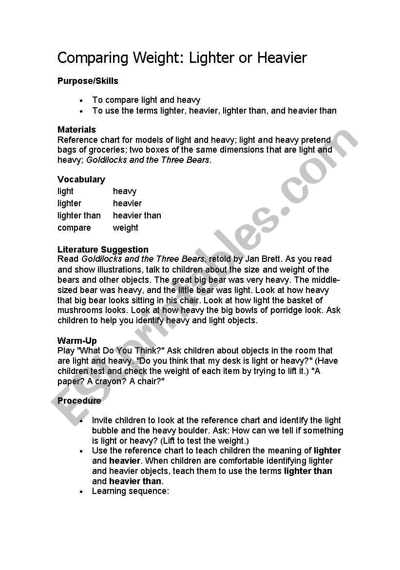 comparing- Heavy and light worksheet