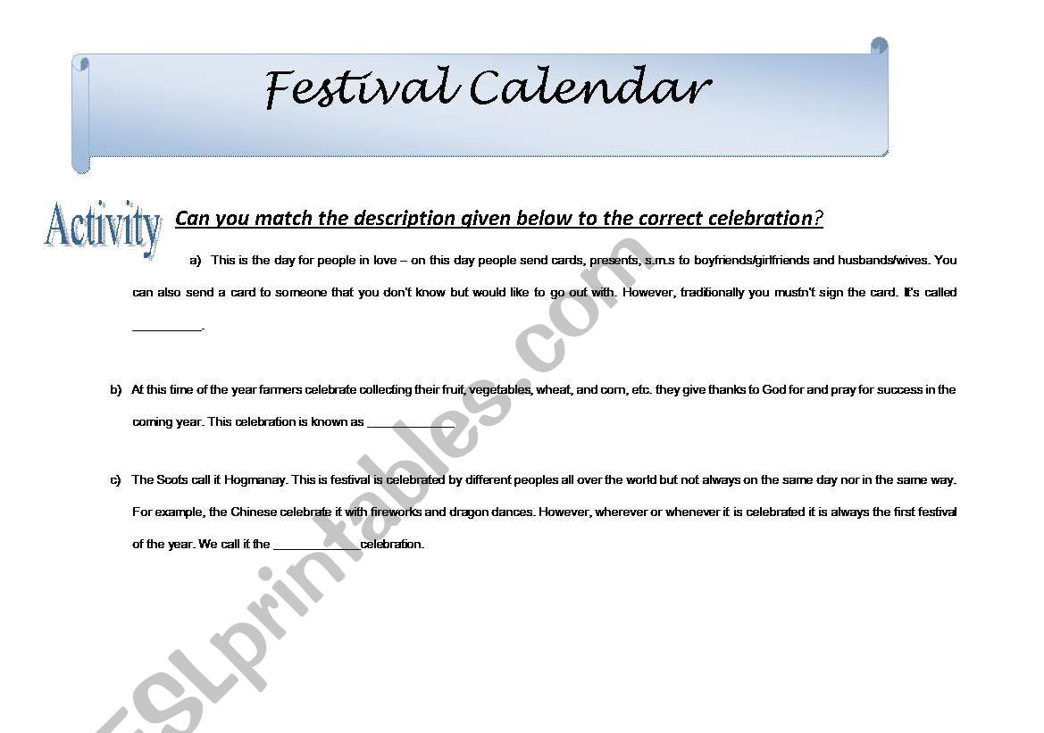 Festival Calendar part IV worksheet