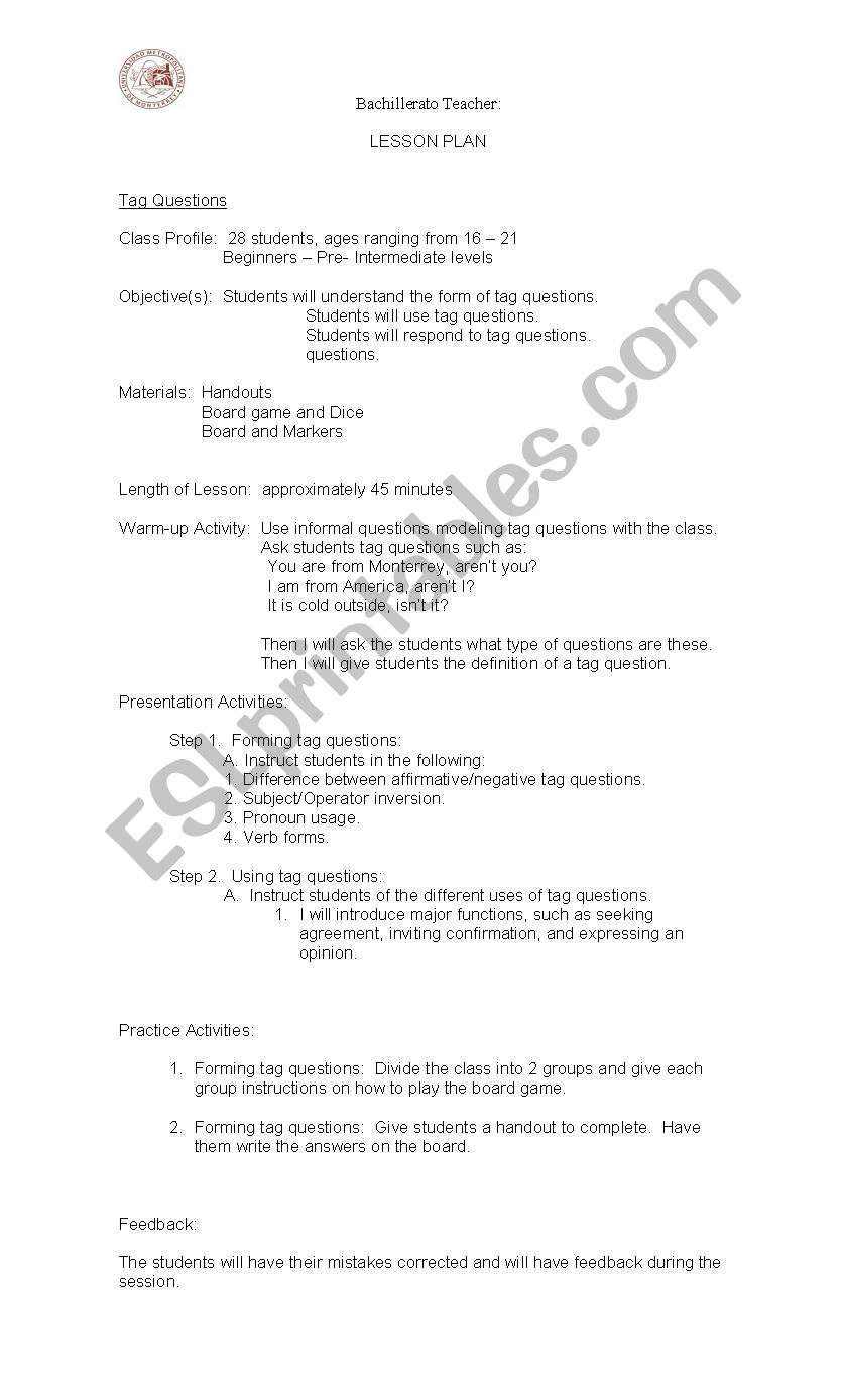 Tag Questions Lesson Plan worksheet