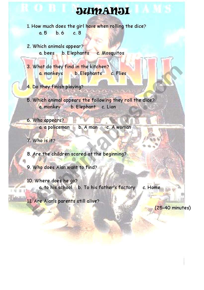 jumanji 25 to 40 minutes worksheet