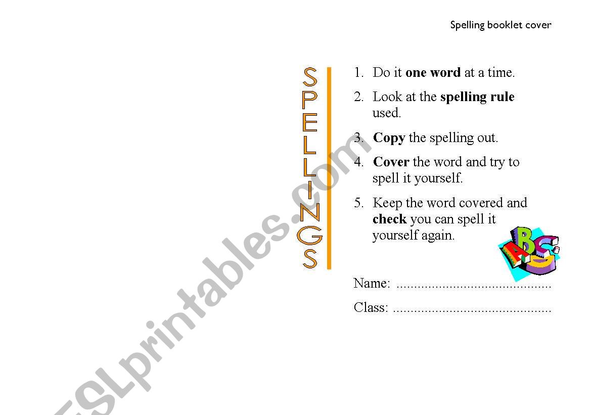 Spelling Booklet cover worksheet