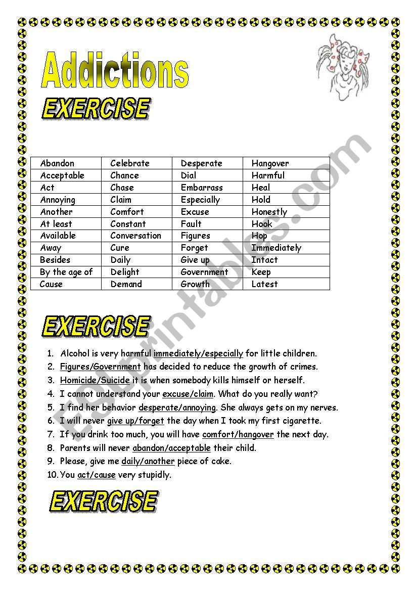Addictions New vocabulary + FCE type exercise (multiply choice) KEY included