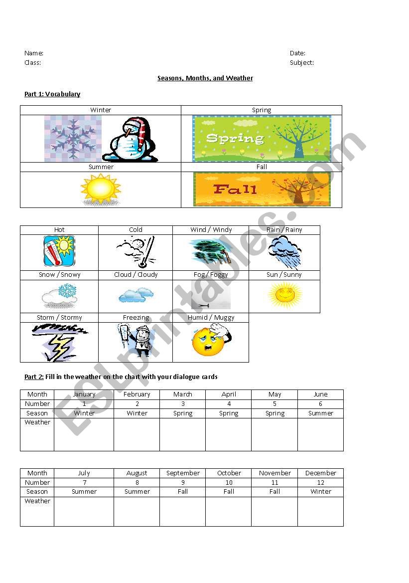 Pictionary & Dialogue Cards: Months, Weather, Seasons 