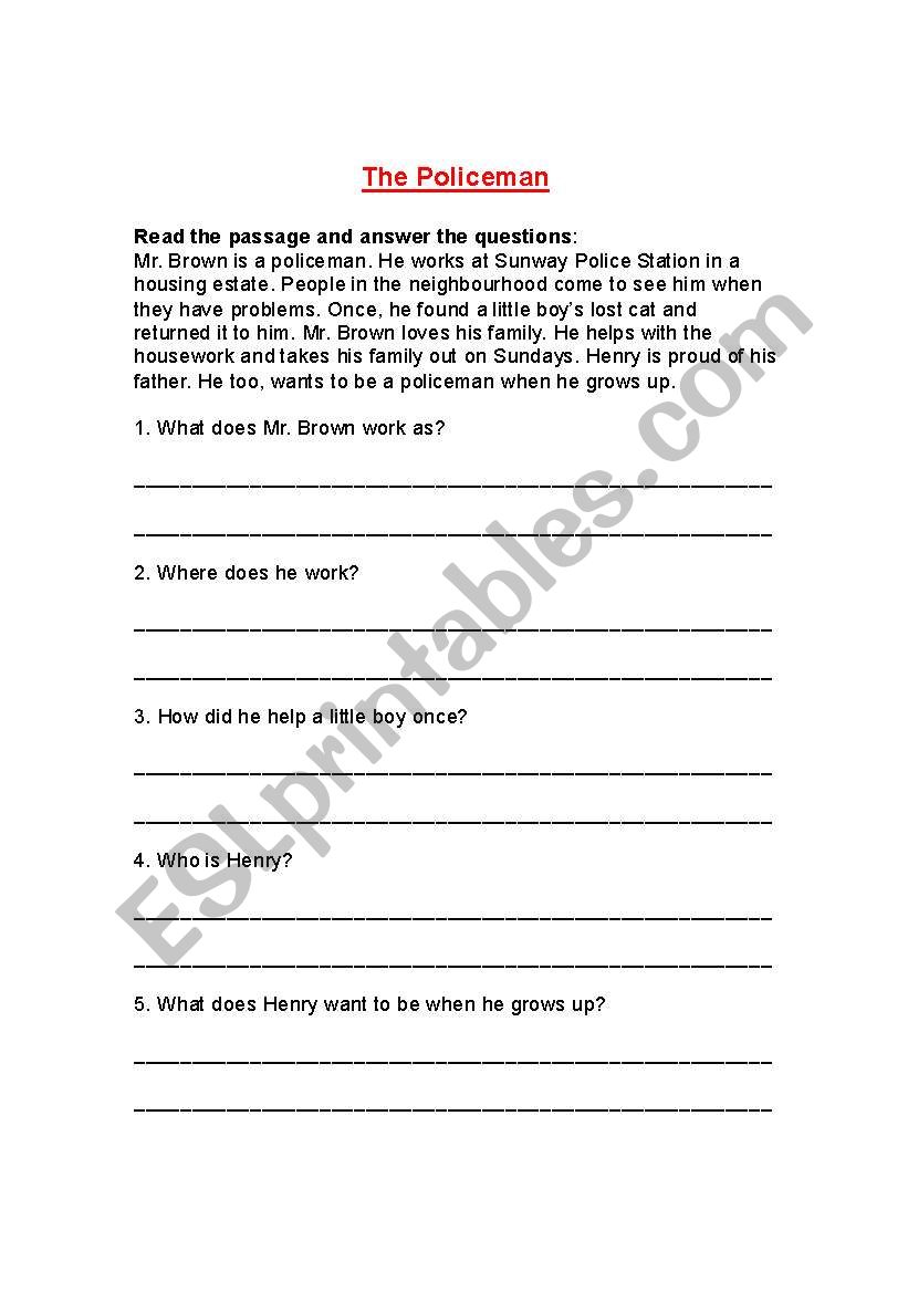 Reading comprehension worksheet