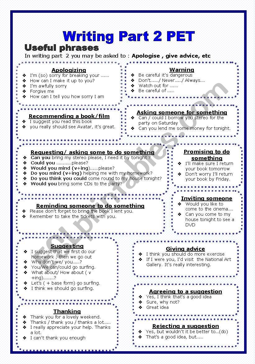 writing part 2 pet exam worksheet