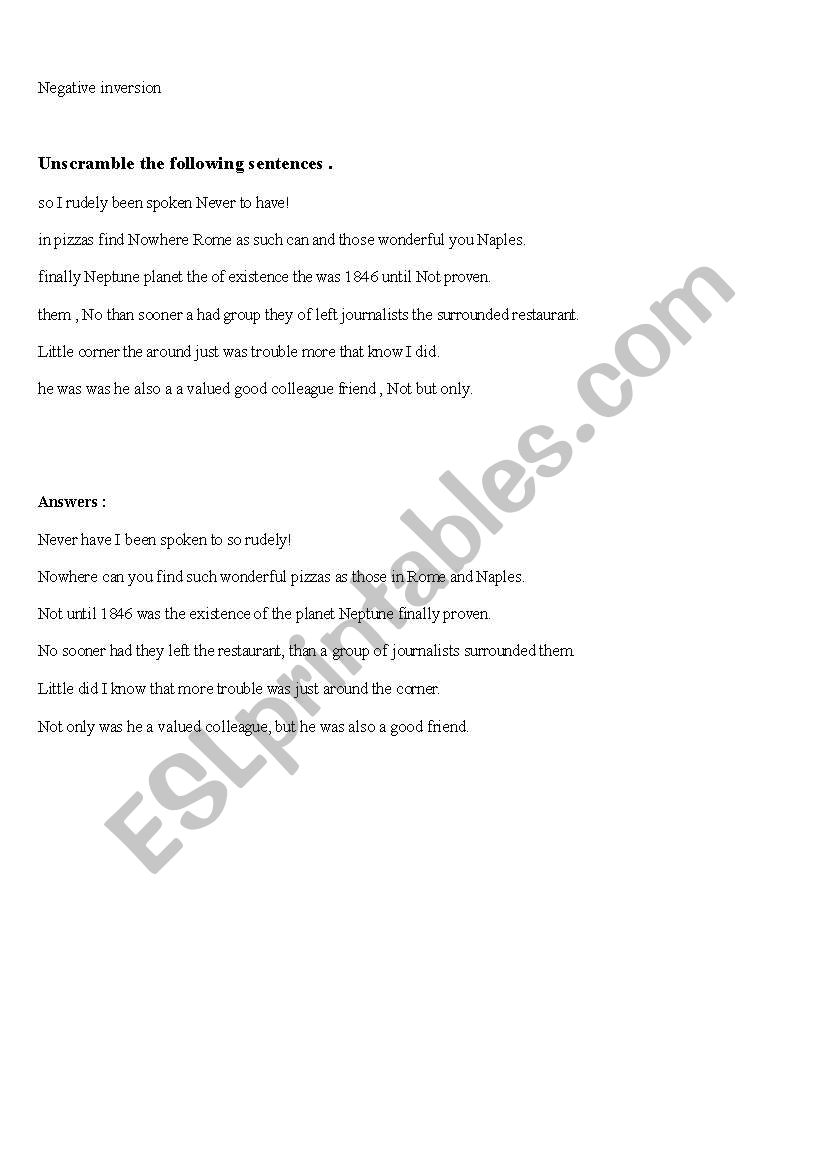negative inversions  worksheet