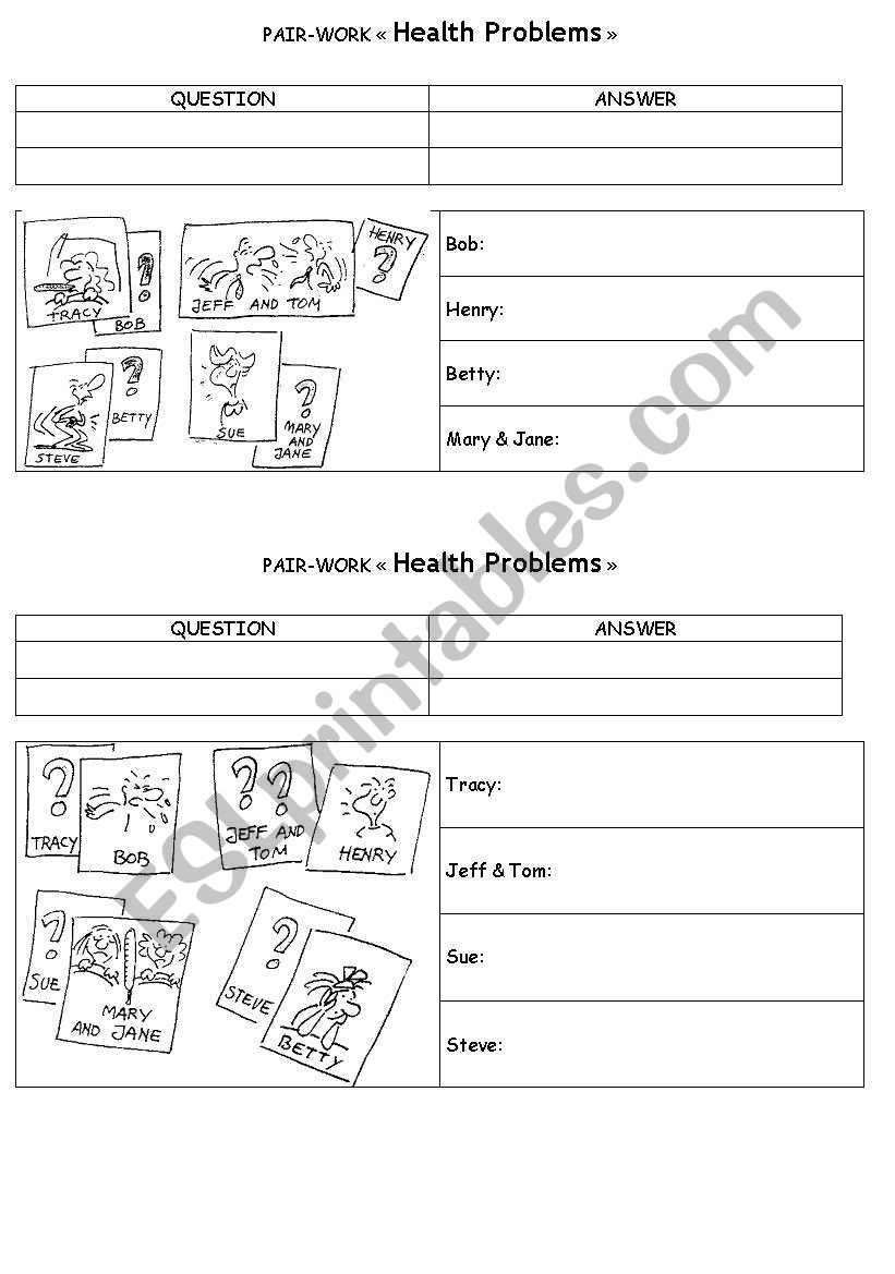 Pairwork Health Problems worksheet