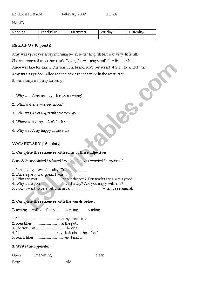 Test for adults worksheet