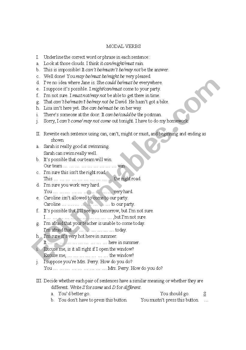 Modal verbs worksheet