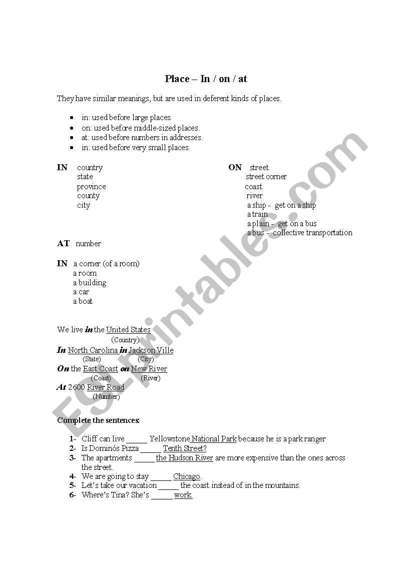 PREPOSITION PLACE IN ON AT worksheet