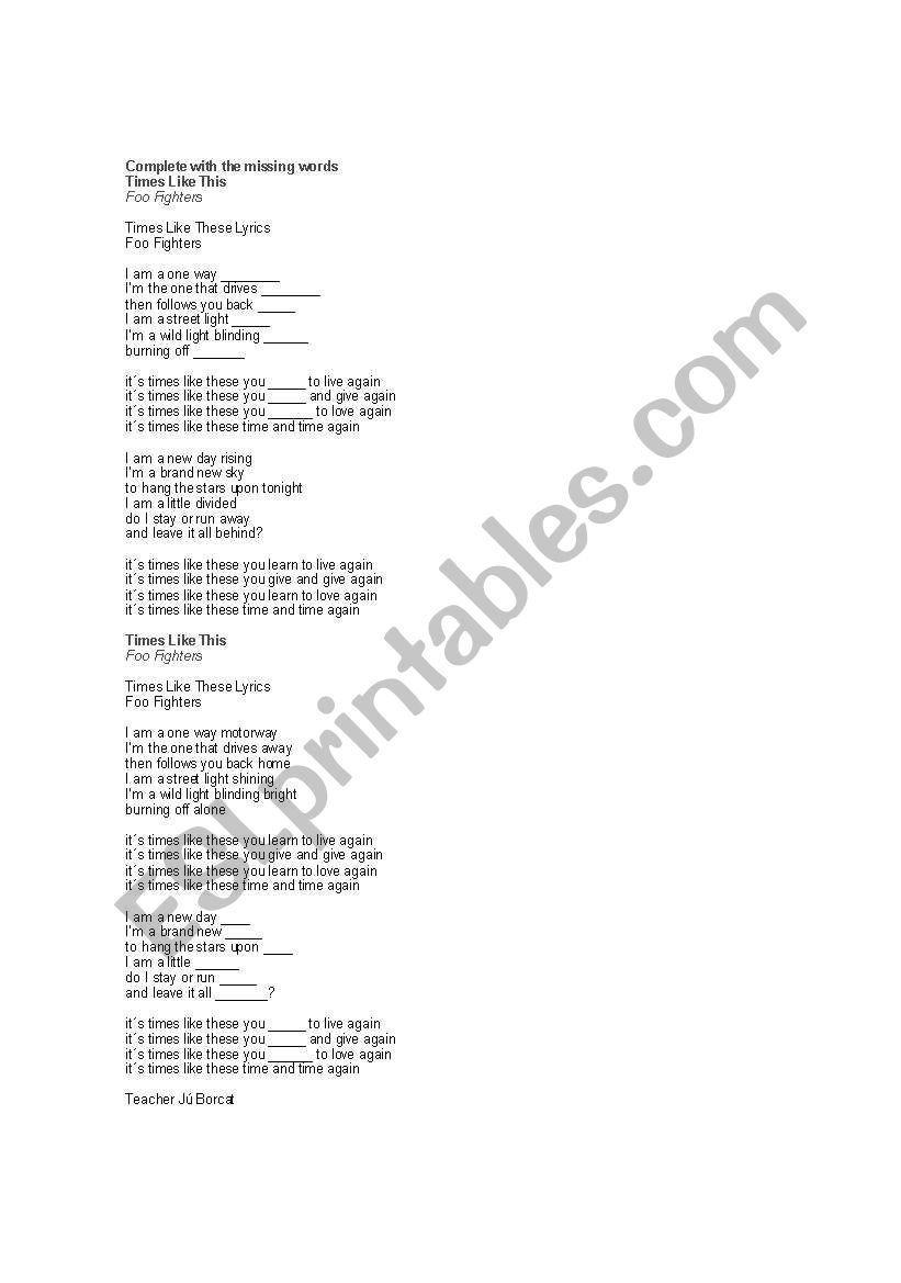 TIME LIKE THIS FOO FIGHTERS worksheet