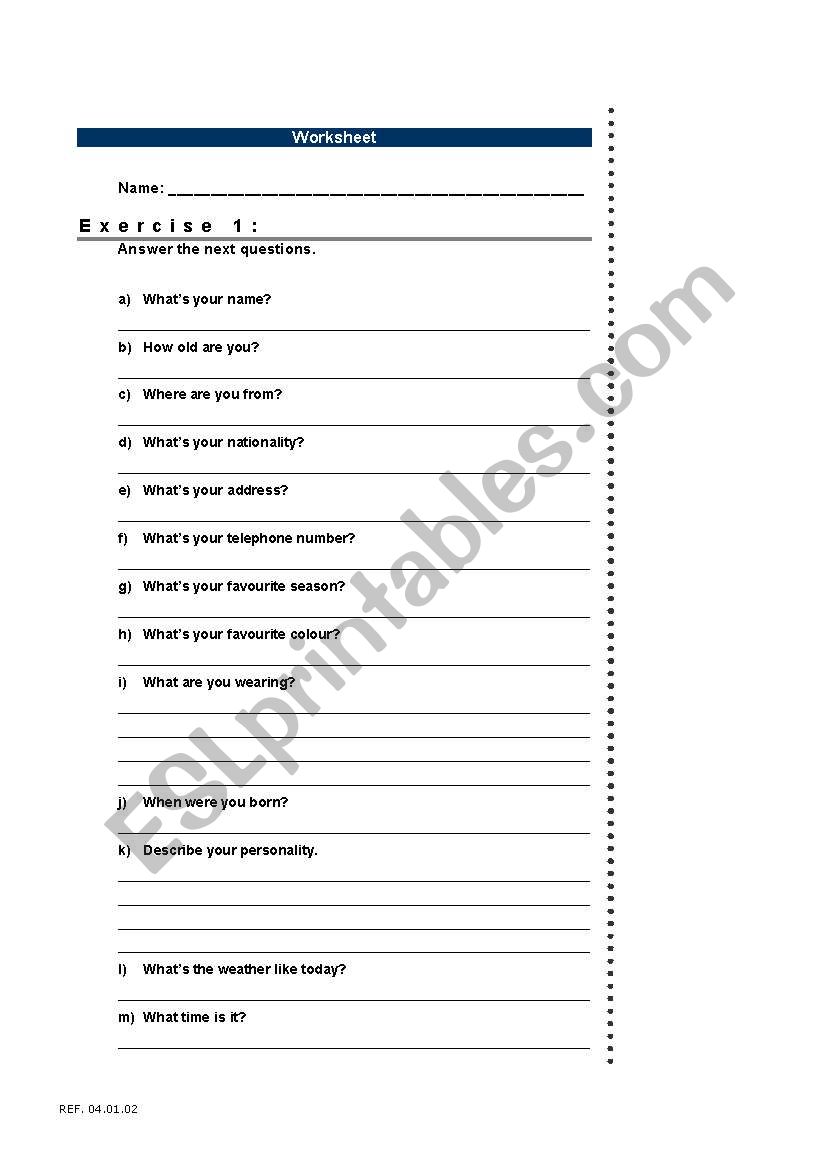 Personal ID worksheet