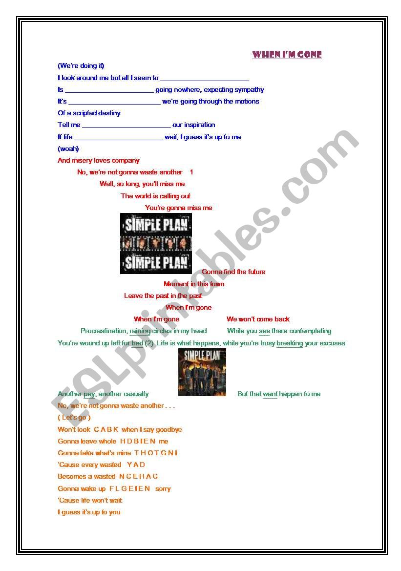 Song by Simple Plan worksheet