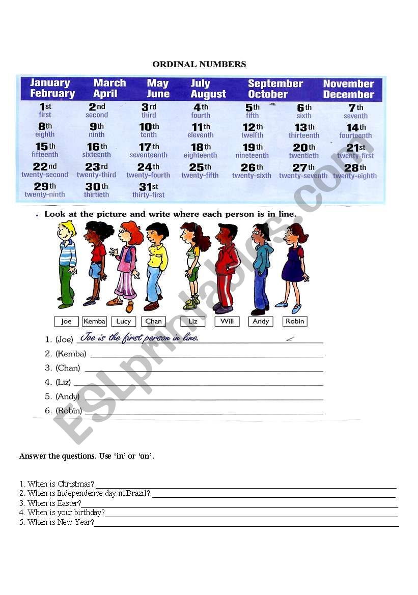 ordinal numbers worksheet