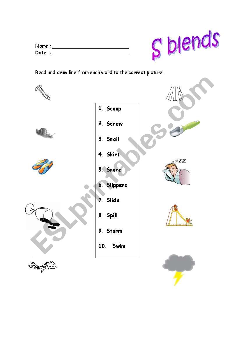 S Blends worksheet