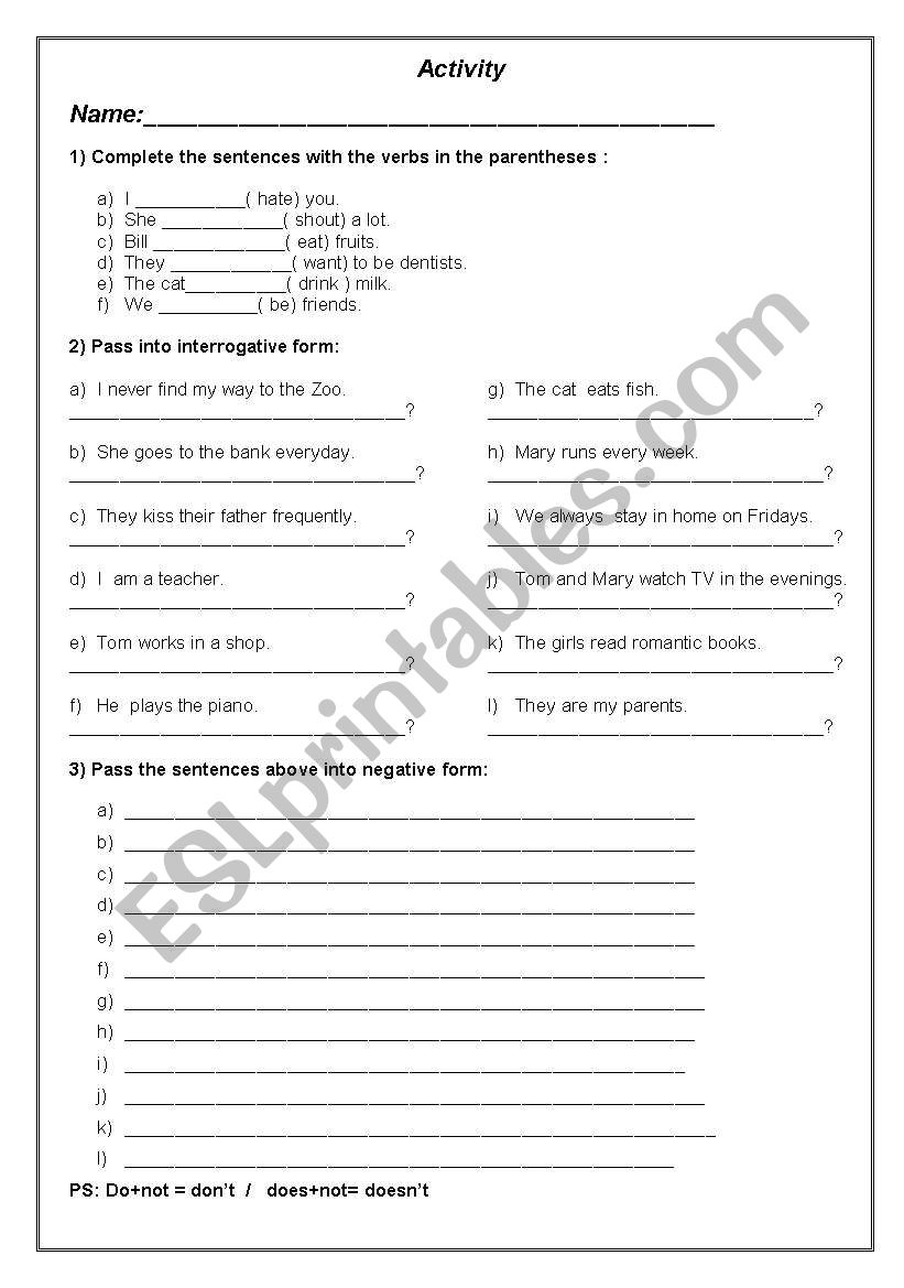 Simple present tense worksheet