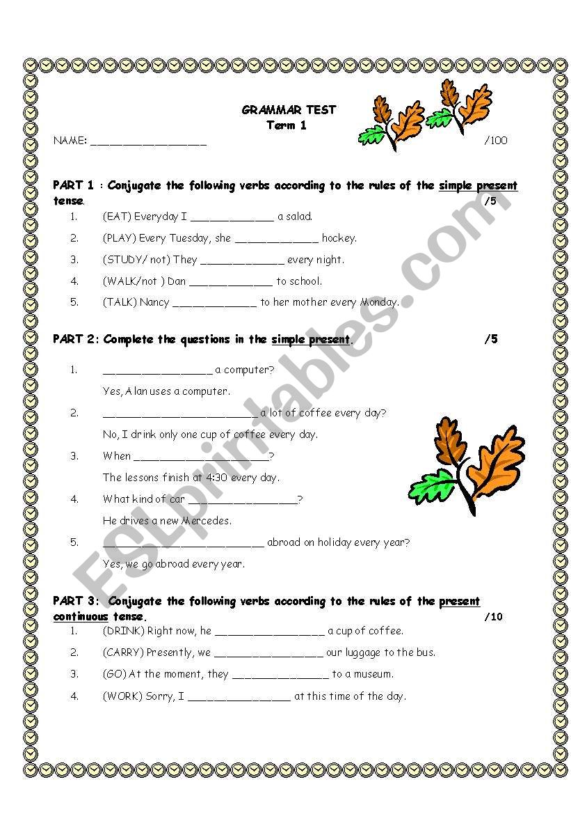 Grammar exam on verb tenses worksheet