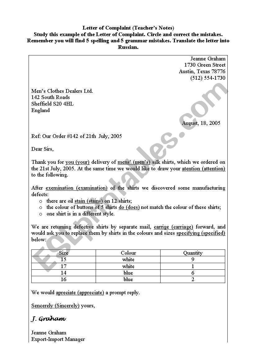 Letter of Complaint worksheet