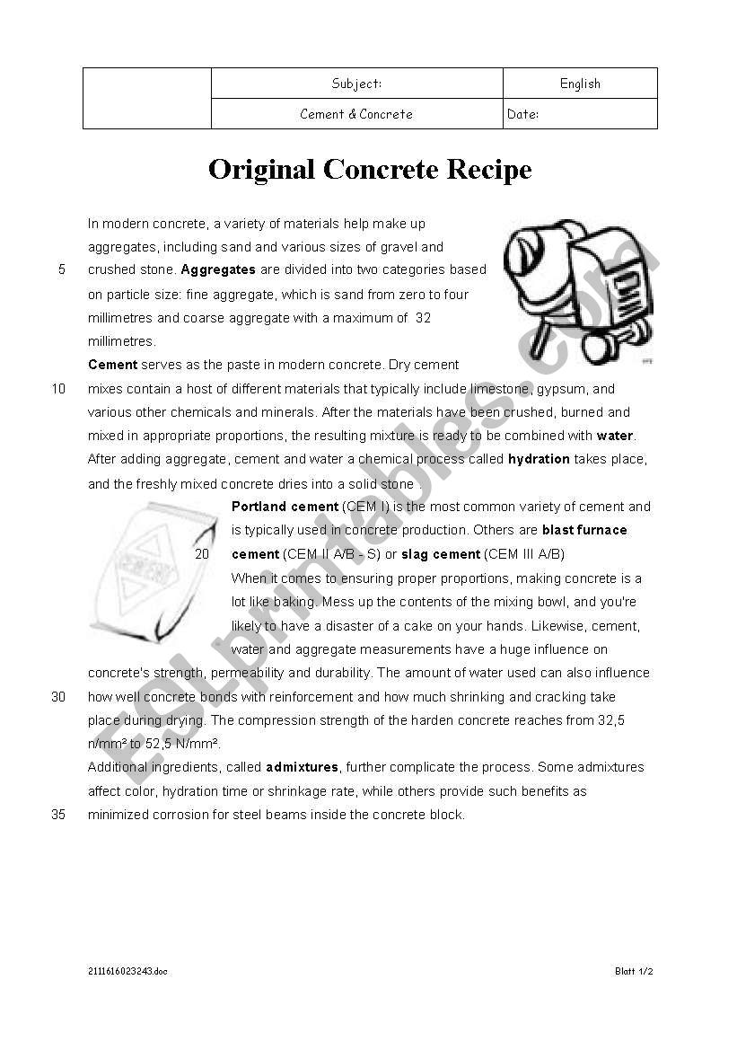 Original concrete recipe worksheet