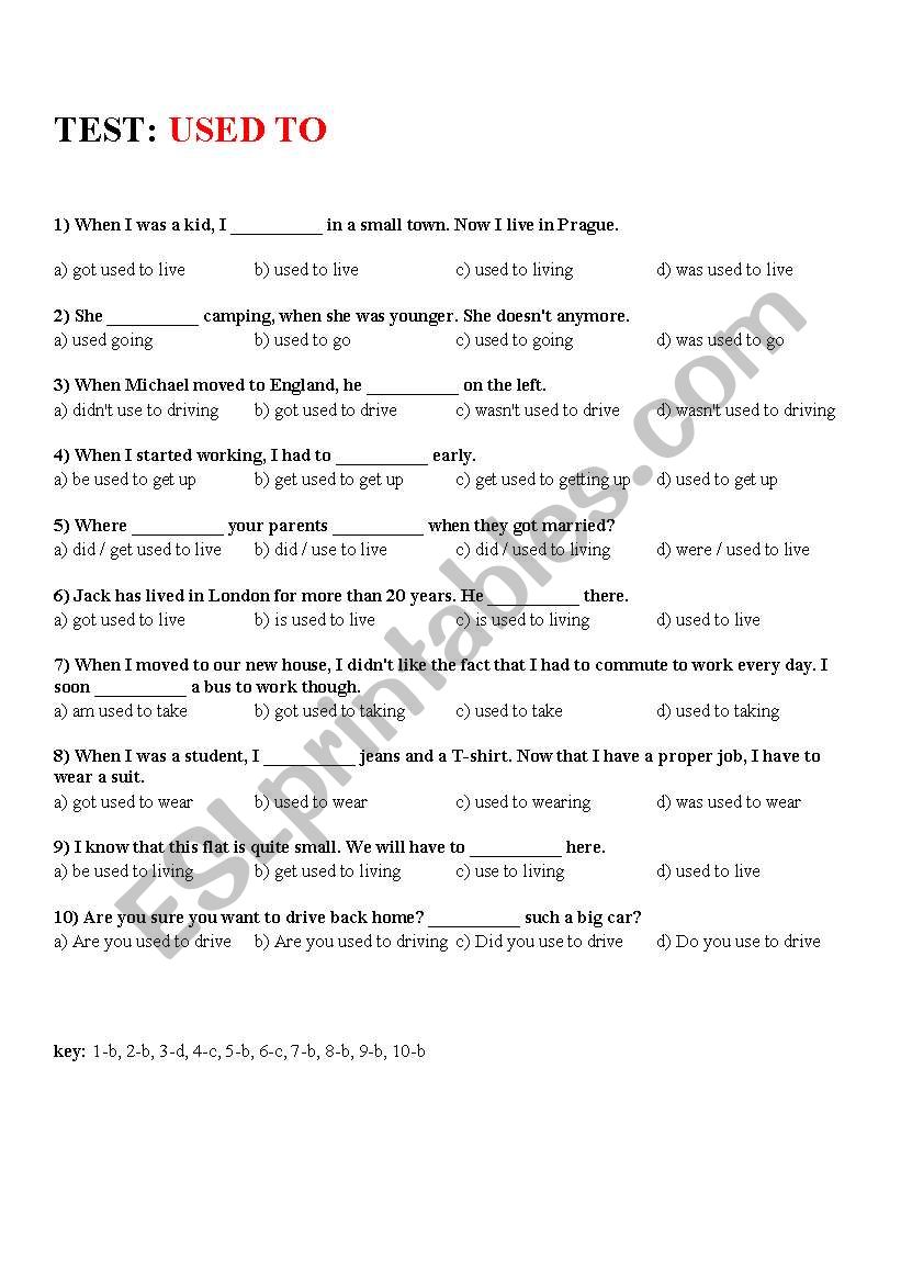 USED TO (test) worksheet