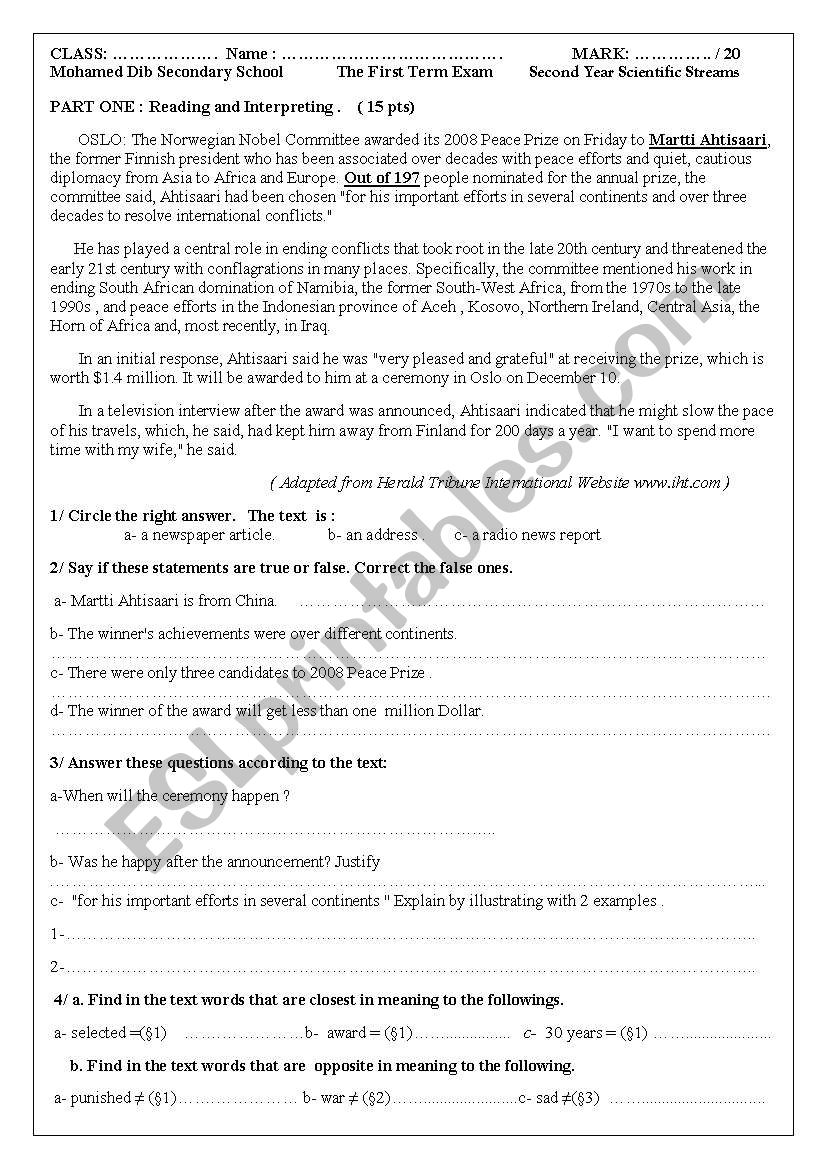 Evaluation Test worksheet