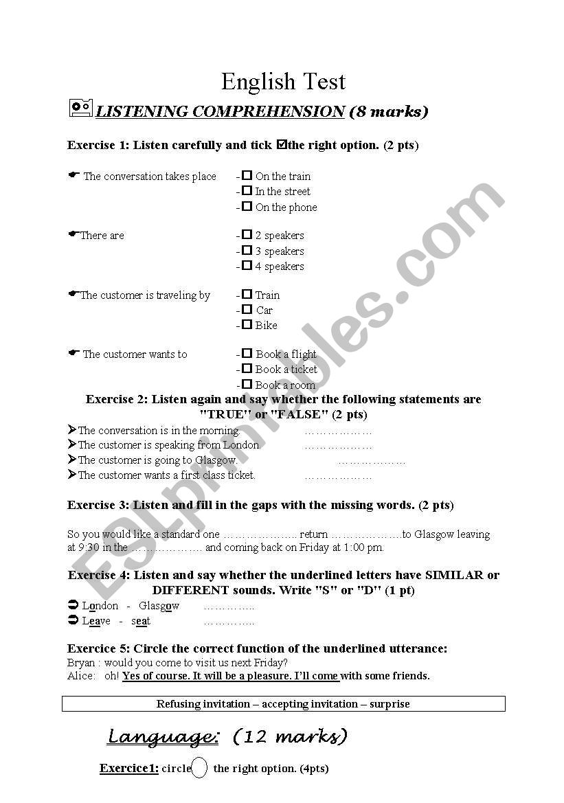 englsih test for young esl learners 