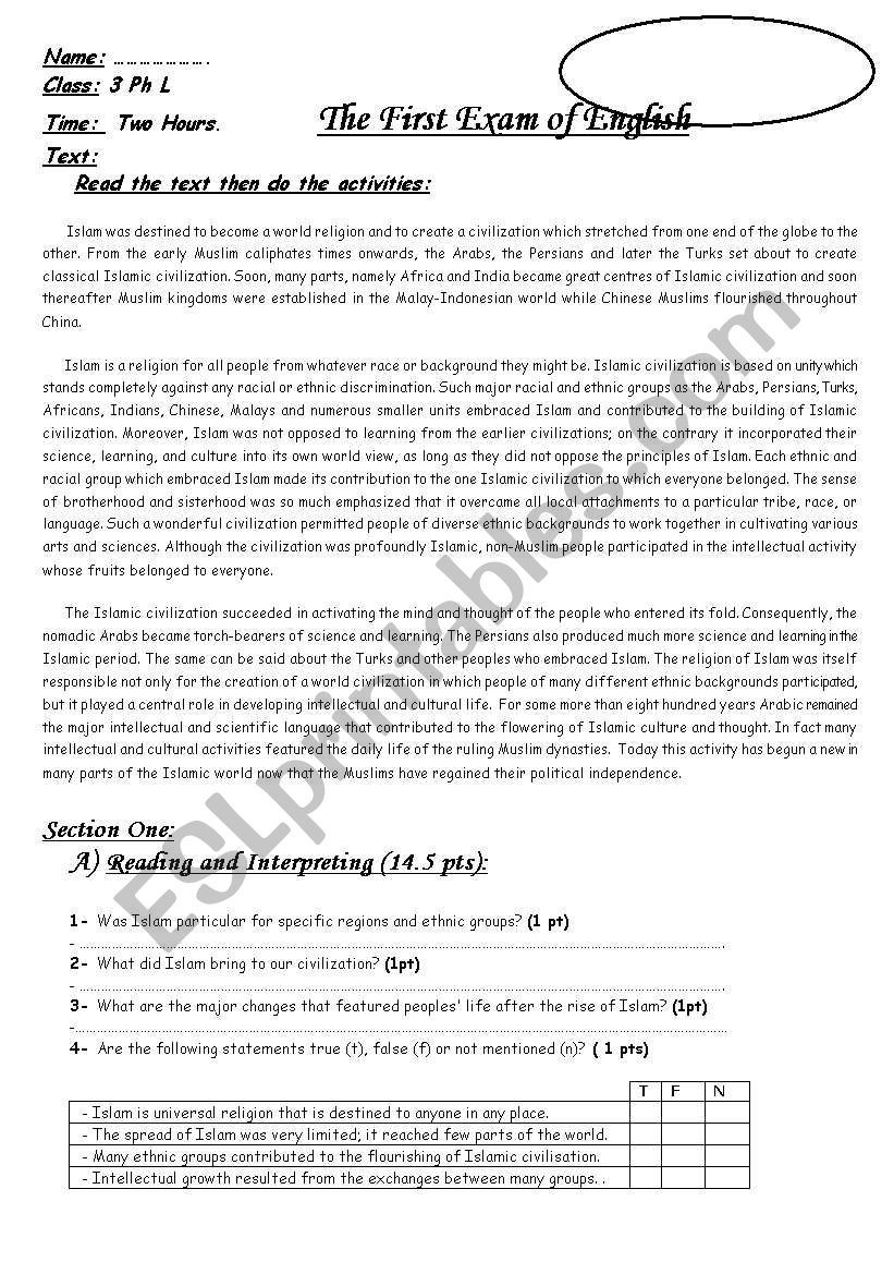 test of islamic civilization worksheet