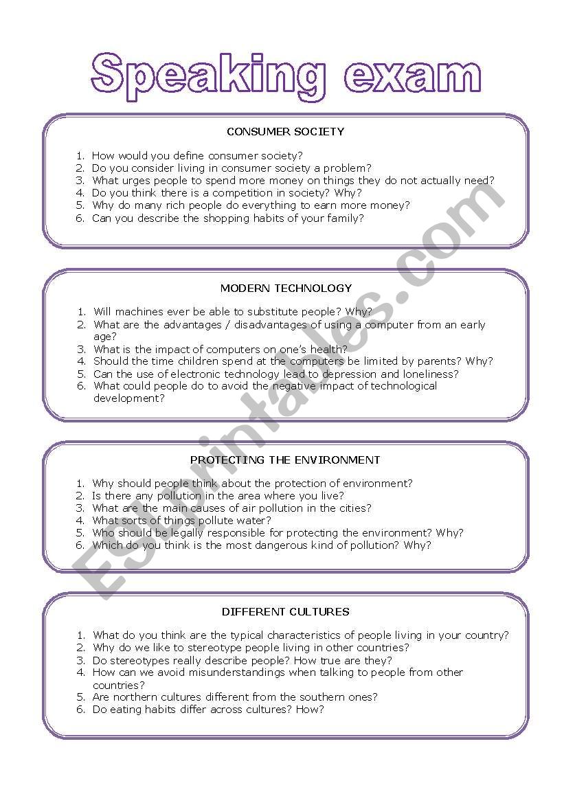 Speaking cards worksheet