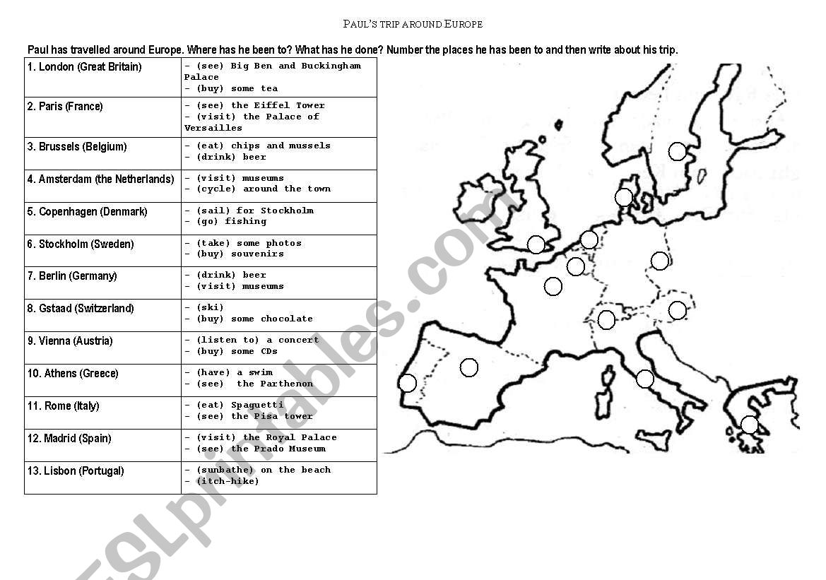 Pauls trip around Europe worksheet
