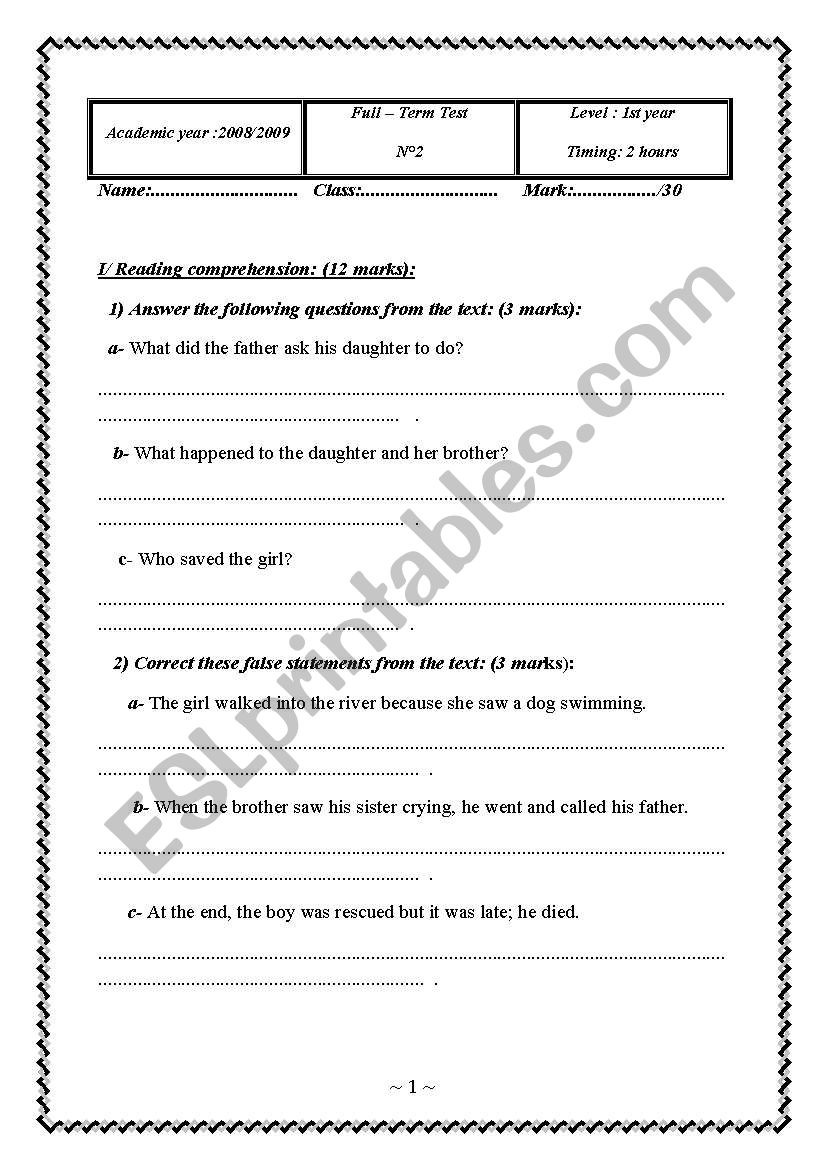 full-term test 2 for 1st year worksheet