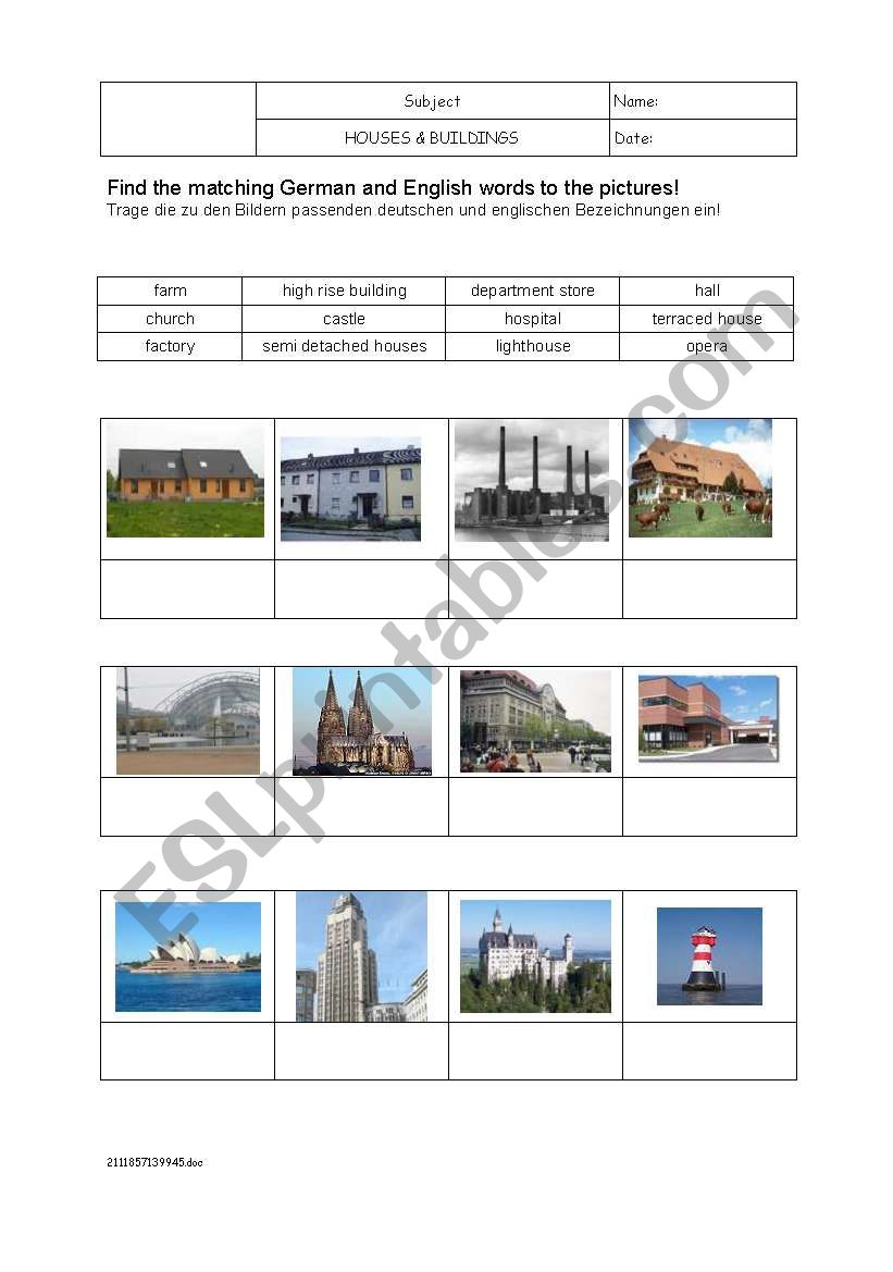 Houses & buildings worksheet