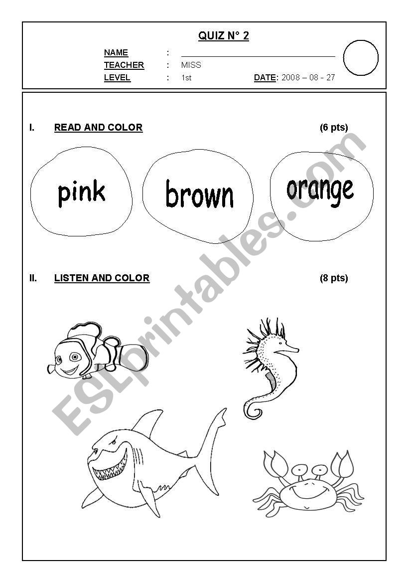 SEA ANIMALS 1ST GRADE TEST worksheet