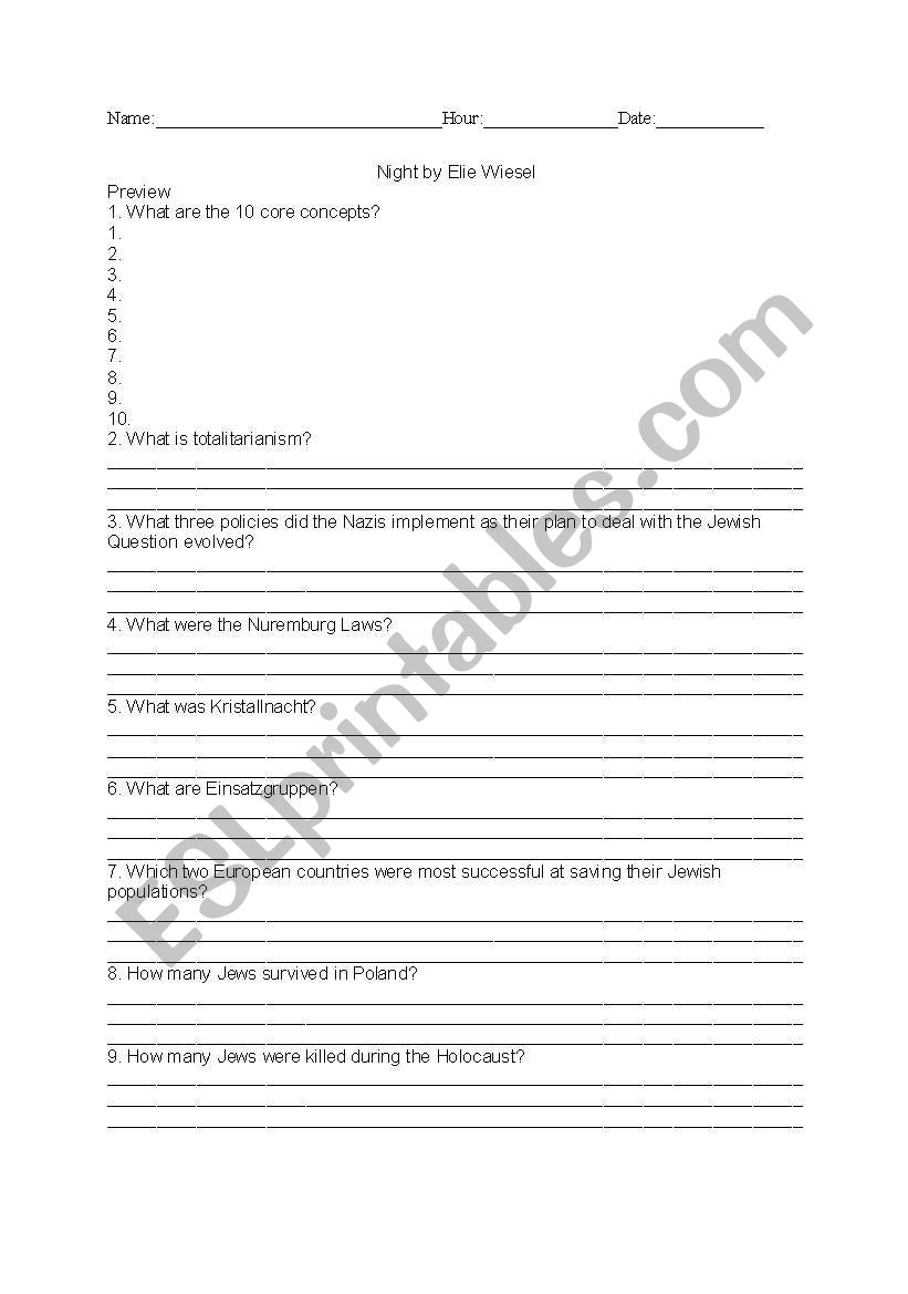 Night Study Guide worksheet