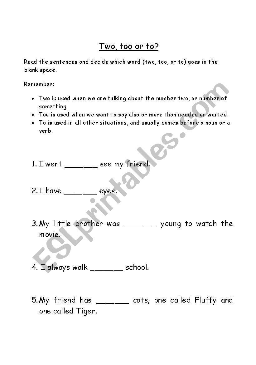 To, Too, and Two worksheet
