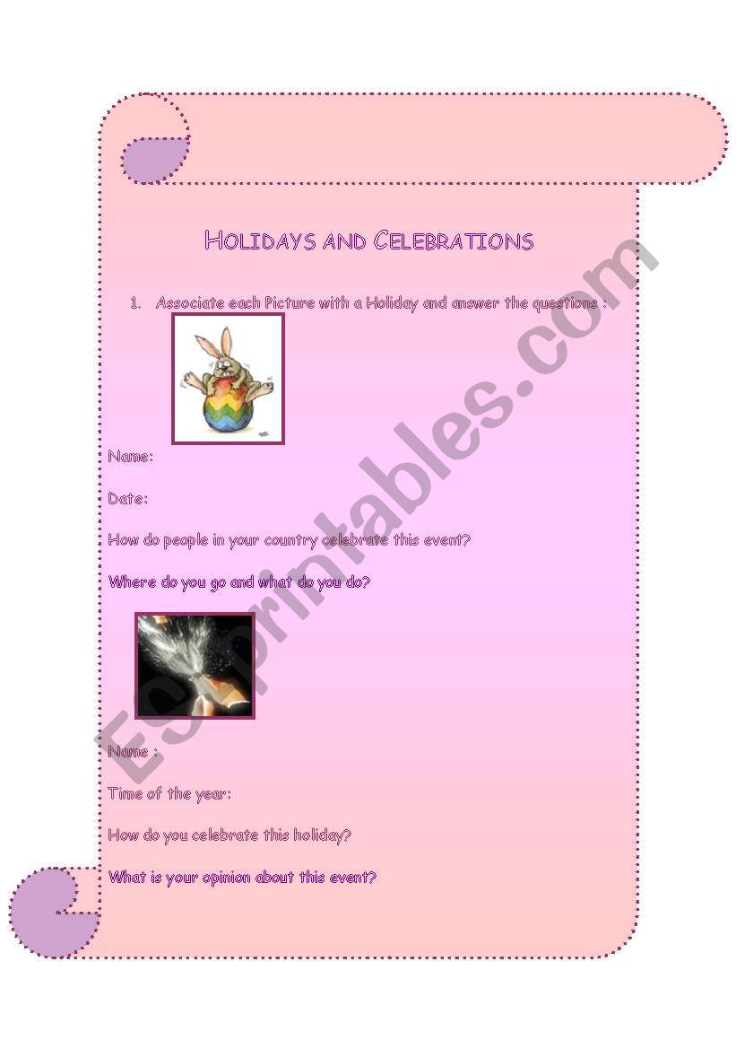 Holidays and Celebrations worksheet